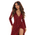 solid color deep V-neck long-sleeved sequined high slit dress NSYMS135936