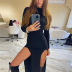 solid color high-necked long-sleeved tight-fitting slit mid-length dress NSTNV135959