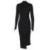 solid color high-necked long-sleeved tight-fitting slit mid-length dress NSTNV135959