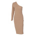 solid color oblique shoulder long-sleeved slit sheath dress NSTNV135962