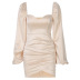 square collar solid color lantern sleeves zipper sheath dress NSTNV135964