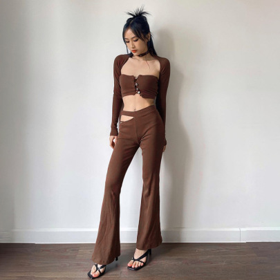 Solid Color Buttoned Long-sleeved Top And Trousers Set NSTNV135985