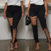 solid color High Waist Eyelet Lace Up Jeans NSWL135254