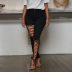 solid color High Waist Eyelet Lace Up Jeans NSWL135254