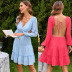 solid color long-sleeved V-neck open-back lace-up dress NSJKW135277