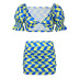 contrast color plaid print short sleeve knot top and skirt two-piece set NSKAJ135294