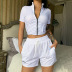 Solid color zipper stand collar short-sleeved top high waist drawstring short shorts set NSKAJ135298