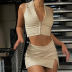 lapel Deep V-neck Sleeveless Cropped Single Breasted Slim Top High Waist Slit Skirt Set NSKAJ135342