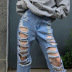 high waist zipper loose straight irregular ripped jeans NSKAJ135348