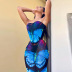 butterfly print corset belt girdle mesh long skirt set NSWWW135440