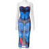 butterfly print corset belt girdle mesh long skirt set NSWWW135440