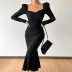 solid color retro puff sleeve fishtail dress NSAFS135545