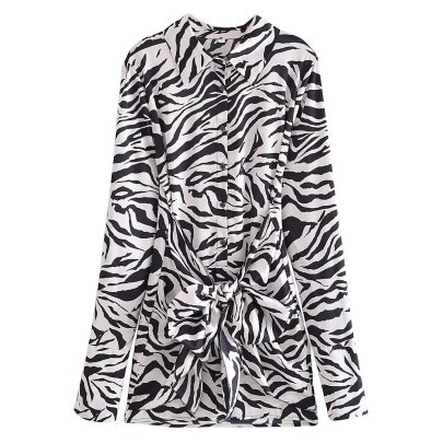 Long Sleeve Lapel Zebra Print Lace Up Shirt Dress NSAM136006