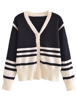 Long Sleeve Loose V-neck Striped Knitted Cardigan NSAM136010