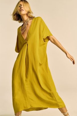 Solid Color V-neck Short Sleeve Sarong Dress NSAM136015