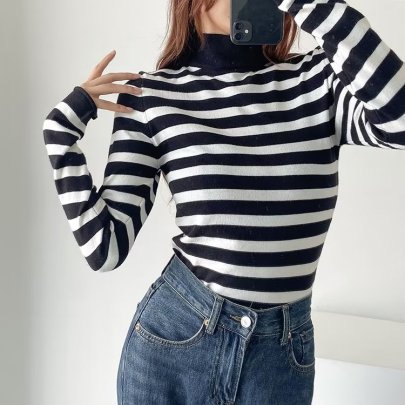 Striped Long-sleeved Pullover Half Turtleneck Knitted Bottoming Shirt NSAM136019