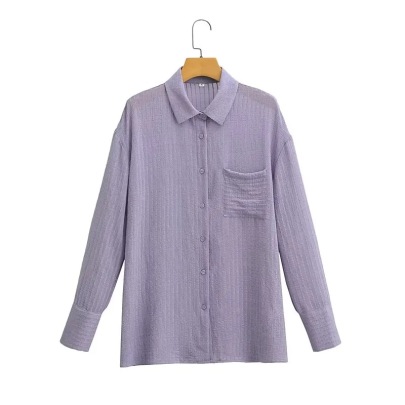 Pockets Stitching Lapel Long-sleeved Striped Shirt NSAM136030