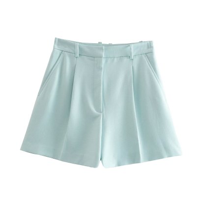 Solid Color Pleated High Waist Shorts NSAM136036