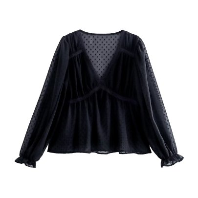 Solid Color V-neck Long Sleeve Chiffon Jacquard Pullover Top NSAM136044