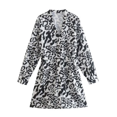 Leopard Print V-neck Elastic High Waist Long-sleeved Dress NSAM136045