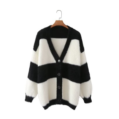 Thick Striped V-neck Long-sleeved Knitted Cardigan NSAM136055