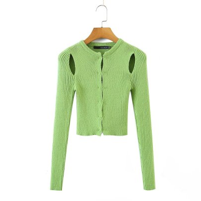 Solid Color Hollow Pit Strip Long Sleeve Slim Knitted Cardigan NSAM136058