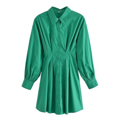 Solid Color Satin Texture Thin Lapel Shirt Dress NSAM136062