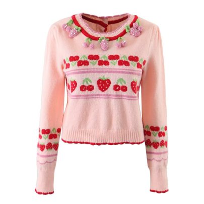 Strawberry Cherry Embroidery Back Single-breasted Long Sleeve Cardigan NSAM136065