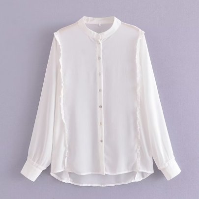 Solid Color Long Sleeve Singl-breasted Ruffled Chiffon Shirt NSAM136066