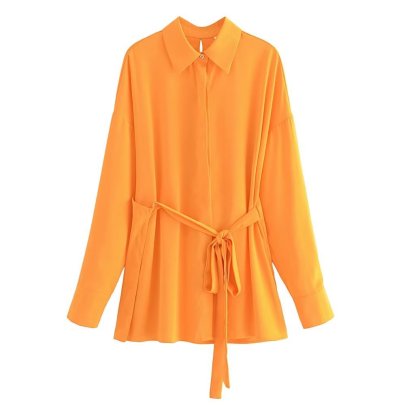 Solid Color Long Sleeve Back Cross Knot Mid-length Shirt NSAM136074