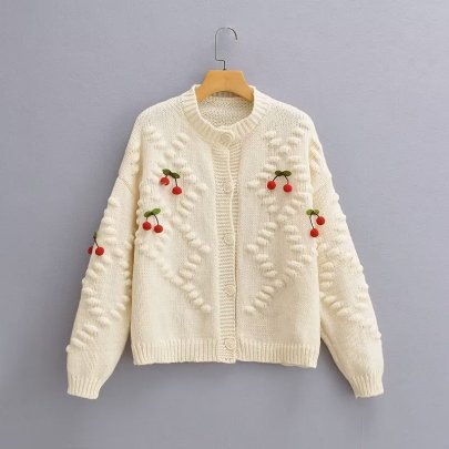 Long Sleeve Cherry Embroidery Knitted Loose Round Neck Cardigan NSAM136077