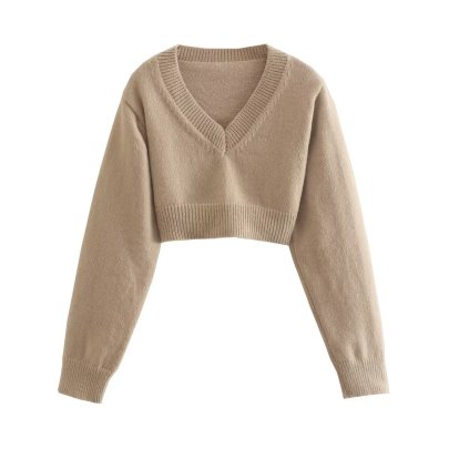 Solid Color Long Sleeve V-neck Pullover Crop Sweater NSAM136085