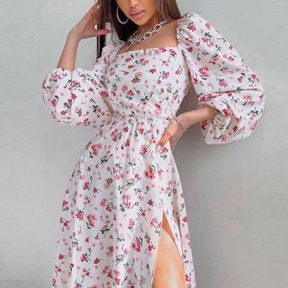 Floral Printed High Slit Dress With Cutout Tie Back NSPPF136176
