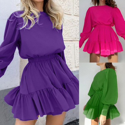 Solid Color Pleated Long Sleeve Dress NSPPF136175