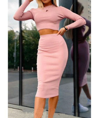 Solid Color Round Neck Long-sleeved Top And Sheath Skirt Set NSSRX136091