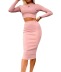 solid color round neck long-sleeved top and sheath skirt set NSSRX136091