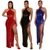 solid color halter neck sleeveless high slit sequin prom dress NSCYF136092