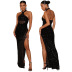 solid color halter neck sleeveless high slit sequin prom dress NSCYF136092