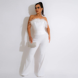 Solid Color Feather Stitching Tube Top Wide-leg Sleeveless Jumpsuit NSCYF136099