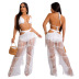 solid color lace-up underwear with fringed wide-leg pants two-piece set NSCYF136112