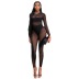 solid color mesh stitching see-through standing collar long-sleeved jumpsuit NSJYF136141