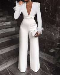 Solid Color Long-sleeved Tight High-stretch Mesh Stitching Jumpsuit NSYHC136146