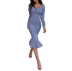 square neck long-sleeved plaid print sheath dress NSYHC136153