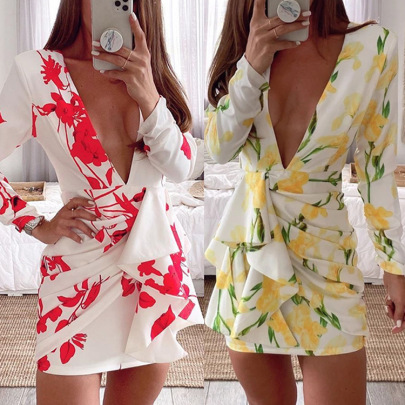 Floral Printing Deep V-neck Long-sleeved Slim Dress NSYHC136159