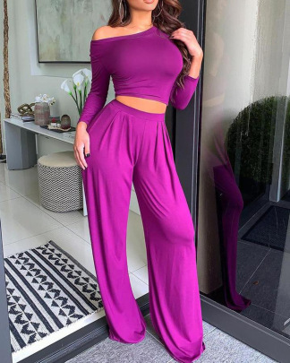 Solid Color Round Neck Long-sleeved Top And Pants Two-piece Set NSYHC136163