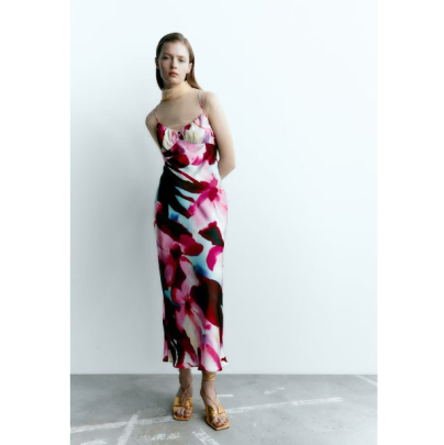 Floral Printing Low Cut Backless Slip Dress NSAM136025