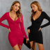 solid color V-neck drawstring knitted long-sleeved sheath dress NSYSQ136381