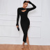 solid color hollow slim fit slit long sleeve dress NSYSQ136382
