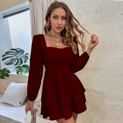 Backless Strappy Square Collar Long-sleeved Ruffled Mini Dress NSYSQ136383