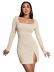 solid color slit waist knitted square neck long sleeve sheath dress NSYSQ136390